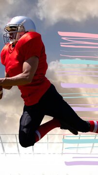 Animation of american football player with ball over sports stadium and colourful splodges