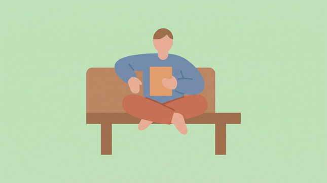 Flat vector illustration of a man sitting on a bench and reading-(Ilustrasi vektor pria duduk di bangku sambil membaca buku)