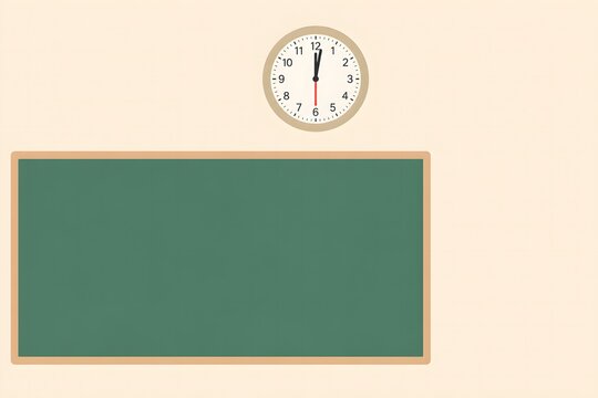 Minimalist Classroom Wall with Blank Green Chalkboard and Clock