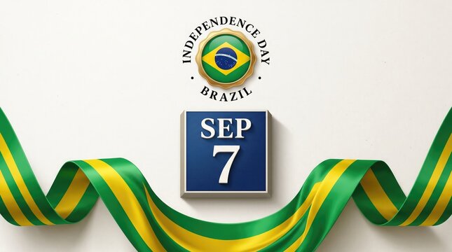 Independence day brazil september 7th celebration with brazilian flag emblem and decorative green and yellow ribbon isolated on white background