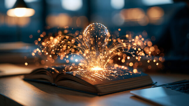 Notebook with glowing knowledge perspective overlays on a bright clean well lit desk thoughtful learning concept education ideas analysis insight information study
