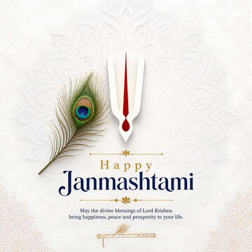Happy janmashtami greeting card with peacock feather and tilak