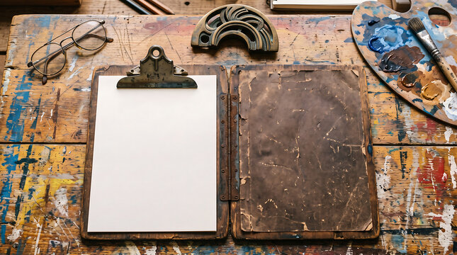 Clipboard with blank paper sitting on a rustic wooden artist workbench with paint palette accessories
