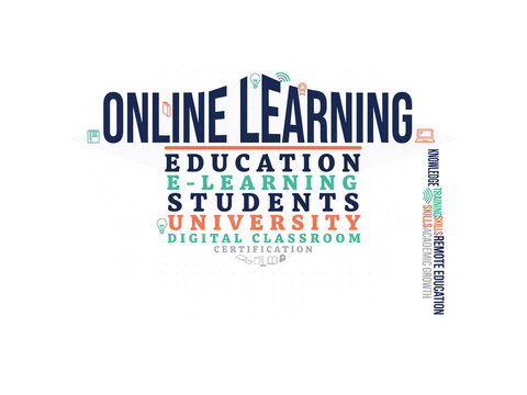 Online learning graduation cap word cloud for edtech and e-learning