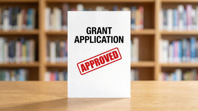 Grant application document with a red approved rubber stamp resting on a wooden library table