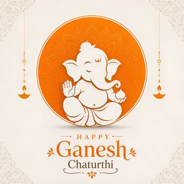 Happy ganesh chaturthi greeting card design with lord ganesha illustration and traditional oil lamps on orange background