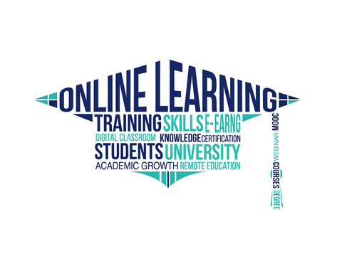 Online learning graduation cap word cloud banner for web presentation