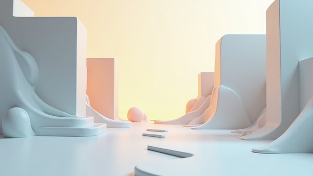 Pastel 3D Geometric Product Display with Abstract Shapes and Soft Light