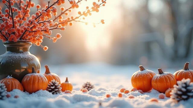 Cozy Winter Holiday Scene with Snow, Decorative Trees and Warm Sunlight
