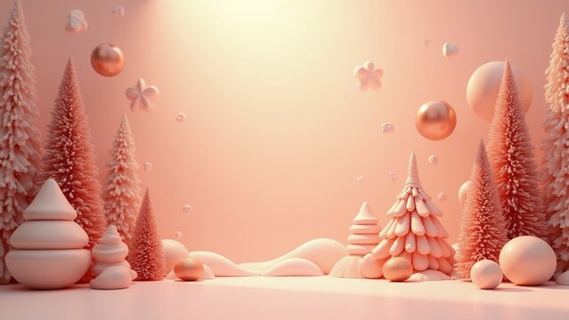 Soft Pink Christmas Background with Snowflakes and Festive Holiday Decorations