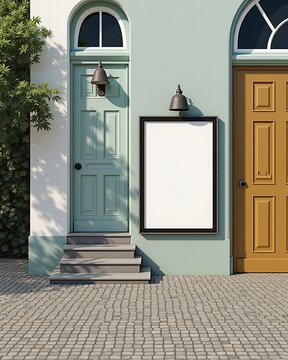 Outdoor Blank Sign Mockup Between Colorful Doors in Mediterranean Setting