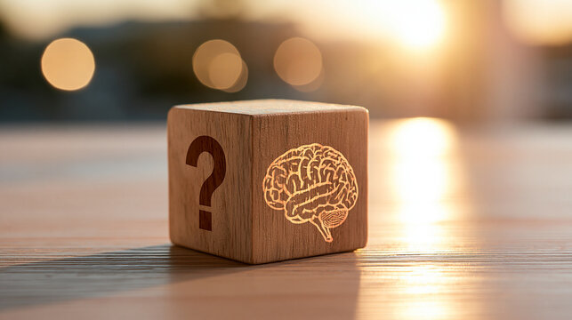 Wooden cube with a question mark and human brain symbol on a bright clean well lit surface artificial intelligence concept critical thinking problem solving knowledge