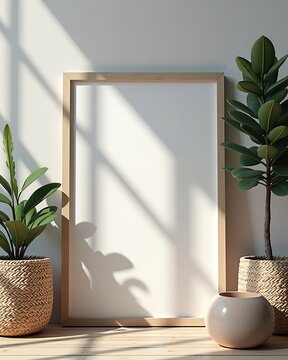 Empty Wooden Frame with Green Plant and Soft Sunlight in Minimal Interior