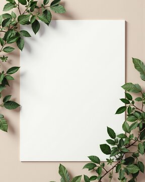 Elegant Empty Frame Surrounded by Green Leaves on Soft Neutral Background