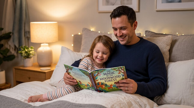 Father reading children's book to daughter in cozy bed with warm light. The scene features a father enjoying storytime with his daughter while snuggled comfortably under blankets in a serene bedroom.