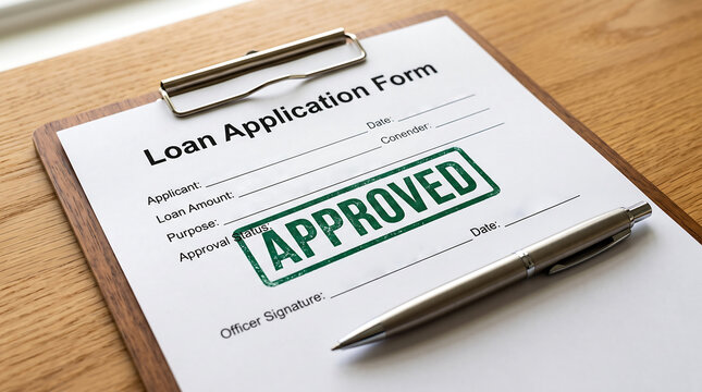 Loan application form with a large green approved rubber stamp impression sitting on wooden table surface