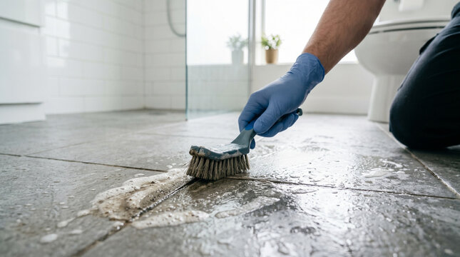 Person cleaning bathroom floor with brush and gloves in modern setting  