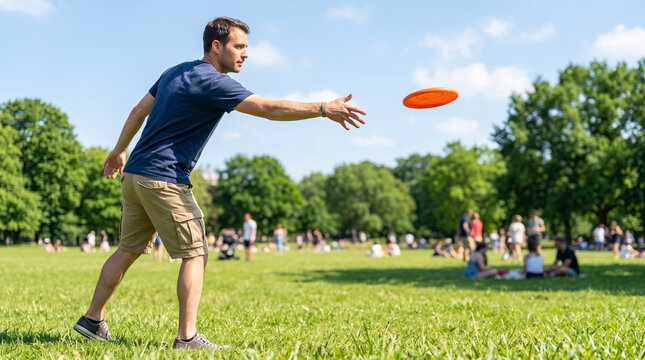 Man throwing flying disc in sunny public park during summer day. Throwing flying disc requires precision and skill on green grass lawn. Active hobby with throwing flying disc for outdoor fun.