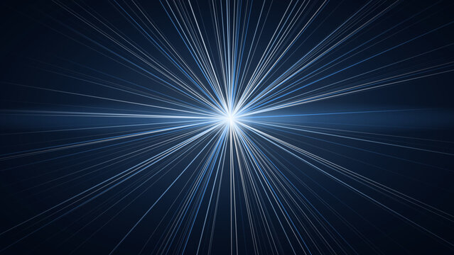 Sharp white and blue light streaks radiating outwards from a bright central point on a dark navy