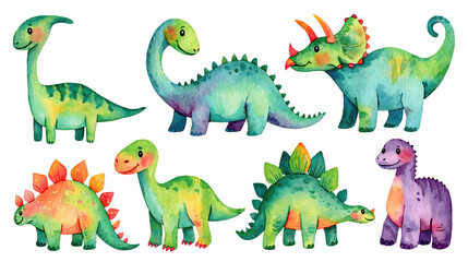Naklejka premium Watercolor illustration of various prehistoric dinosaurs in pastel colors