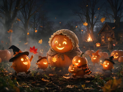 Cute baby pumpkin jack-o-lanterns playing with their mother pumpkin