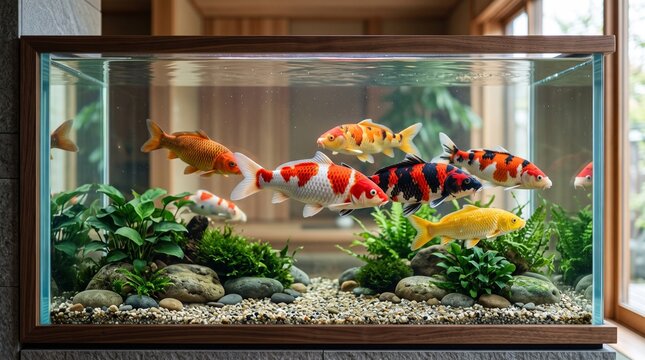 Colorful koi fish swimming in a modern indoor aquarium with aquatic plants and pebbles