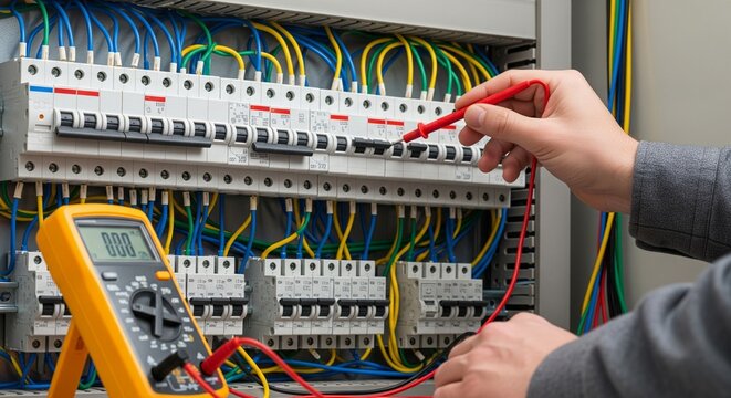 Electrician testing electrical panel with multimeter, close-up on hand holding probes and circuit