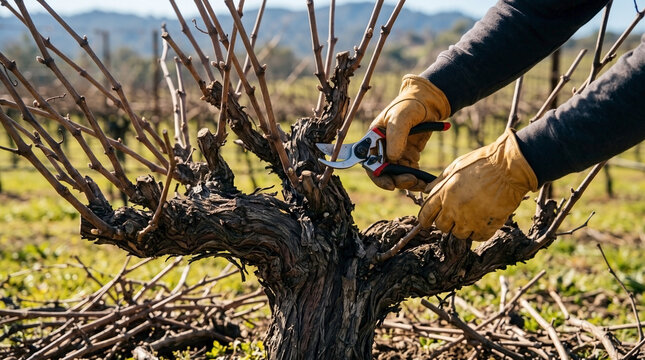 Worker using secateurs for vineyard pruning in sunny field. Detailed view of hands in leather gloves performing vineyard pruning. Essential vineyard pruning process for healthy winter vine care.