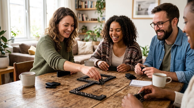 Happy young friends playing domino game on wooden table at home. Engaging domino game session includes smiling people placing tiles indoors.
