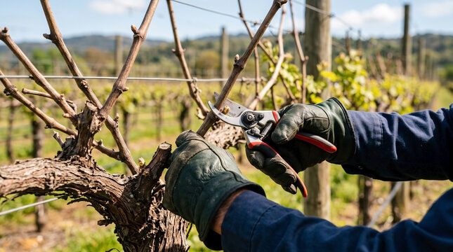 Vineyard pruning with secateurs in sunny grapevine field. Careful vineyard pruning trims dry branches to promote vine growth. Seasonal vineyard pruning concept for winemaking, viticulture blogs.