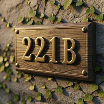 Vintage Address Plaque with Number 221B and Green Ivy on Stone Wall.