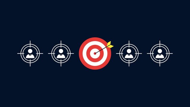 Target with dart and targeted user profile icons animation with dark background for audience segmentation