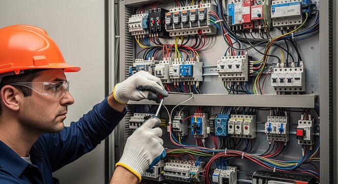 Electrician wearing safety gear working on electrical panel with wires and circuit breakers