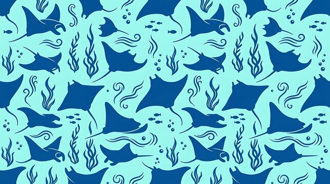 Seamless pattern of blue manta rays and seaweed on light background