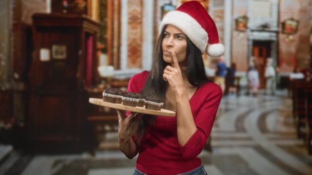 Woman latina in red sweater and santa hat holding wooden tray of chocolate muffins, finger to lips in building interior; contemplative holiday warmth.