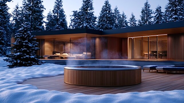 Steaming hot tub on snowy deck in front of modern villa