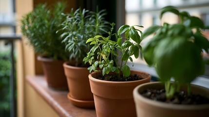 Fototapeta premium A row of potted green herbs sits on a wooden balcony ledge under soft natural light showcasing earthy tones and lush foliage