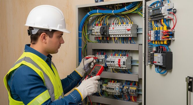 Electrician testing electrical panel with multimeter wearing hard hat and high-visibility vest detailed wires and circuits