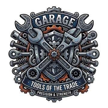 Vintage garage emblem with crossed wrenches and mechanical gears
