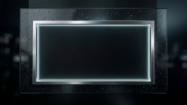 Blank Illuminated Screen with Glowing LED Frame on Dark Rain-Splattered Glass Background Mockup