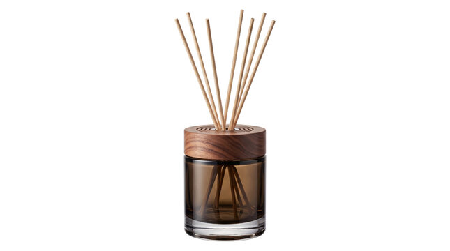 Glass diffuser with amber liquid and png isolated on transparent background
