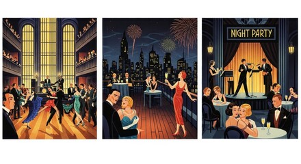 Fototapeta premium Vintage Art Deco Party Scenes with Dancing and Celebration.