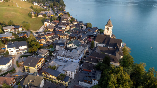 Aerial View of St. Wolfgang on Lake Wolfgangsee in Upper Austria, Salzkammergut Region 4k