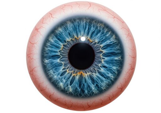 Extreme close up of a vibrant blue human iris with visible blood vessels isolated on white background