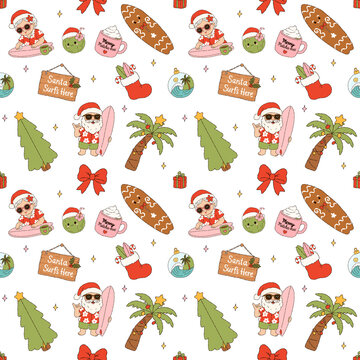 Surfing Santa and Mrs Claus Tropical Christmas Pattern