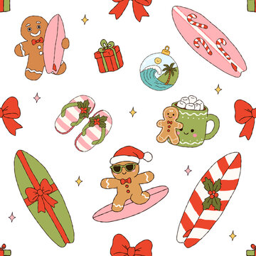 Christmas Surfing Gingerbread Man Seamless Pattern