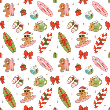 Christmas Surfing Gingerbread Man Seamless Pattern