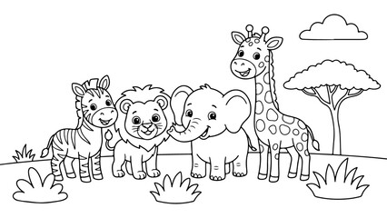 Obraz premium Cute cartoon animals standing together in a savanna setting isolated on white background