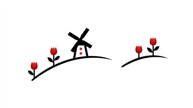 Minimalist landscape illustration featuring red tulips and traditional windmill symbol for dutch concept design