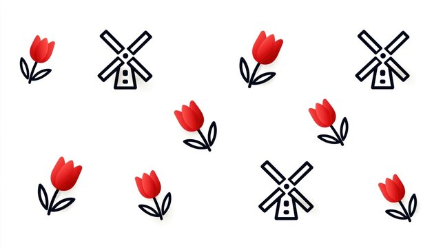 Seamless pattern featuring red tulip flowers and traditional windmill icons for dutch countryside design elements